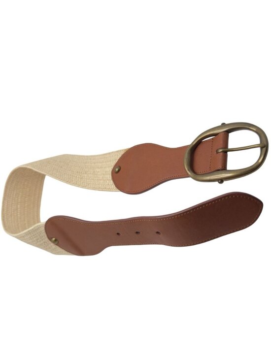 Lauren Ralph Lauren W Woven Belt Leather Accents Brass Buckle Small Tan Brown